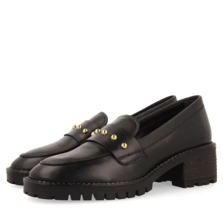 Gioseppo Loafers*Ahtari Women'S Black Leather Moccasins With Studs