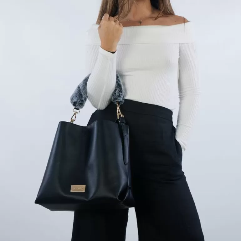 Gioseppo Shoulder Bags*Hecla Black Shopper Bag With A Furry Handle