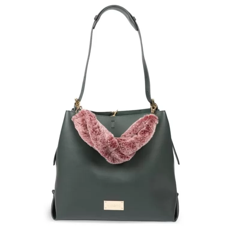 Gioseppo Shoulder Bags*Hecla Green Shopper Bag With A Furry Handle