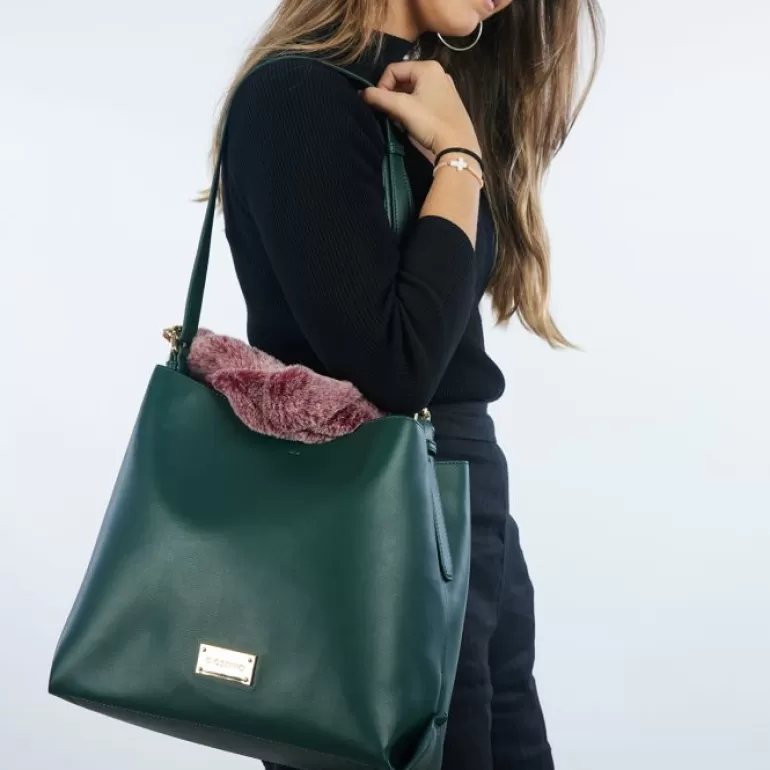 Gioseppo Shoulder Bags*Hecla Green Shopper Bag With A Furry Handle