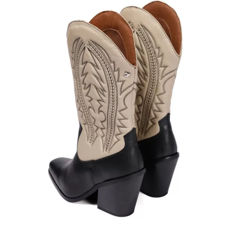 Gioseppo Boots & Ankle Boots*Herlev Women'S Black And Cream Leather Cowboy Boots With Embroidered Details