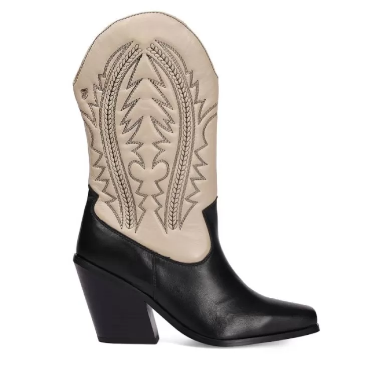 Gioseppo Boots & Ankle Boots*Herlev Women'S Black And Cream Leather Cowboy Boots With Embroidered Details