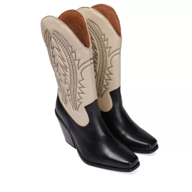Gioseppo Boots & Ankle Boots*Herlev Women'S Black And Cream Leather Cowboy Boots With Embroidered Details
