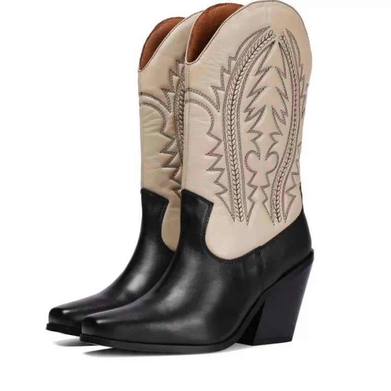 Gioseppo Boots & Ankle Boots*Herlev Women'S Black And Cream Leather Cowboy Boots With Embroidered Details