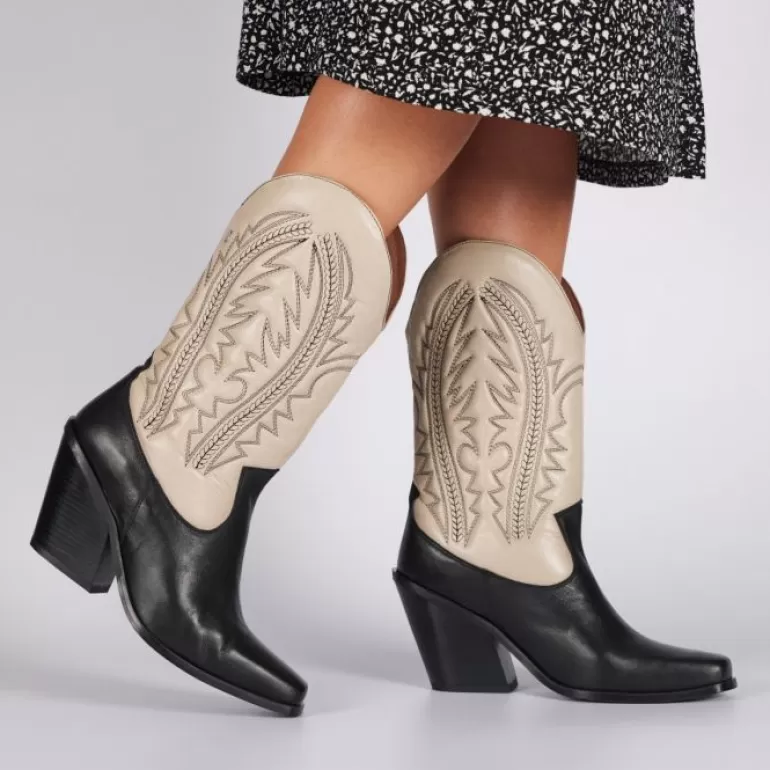 Gioseppo Boots & Ankle Boots*Herlev Women'S Black And Cream Leather Cowboy Boots With Embroidered Details