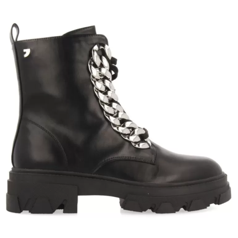 Gioseppo Boots & Ankle Boots*Holzthum Women'S Black Lace-Up Combat Boots With Track Soles And Maxi Chains