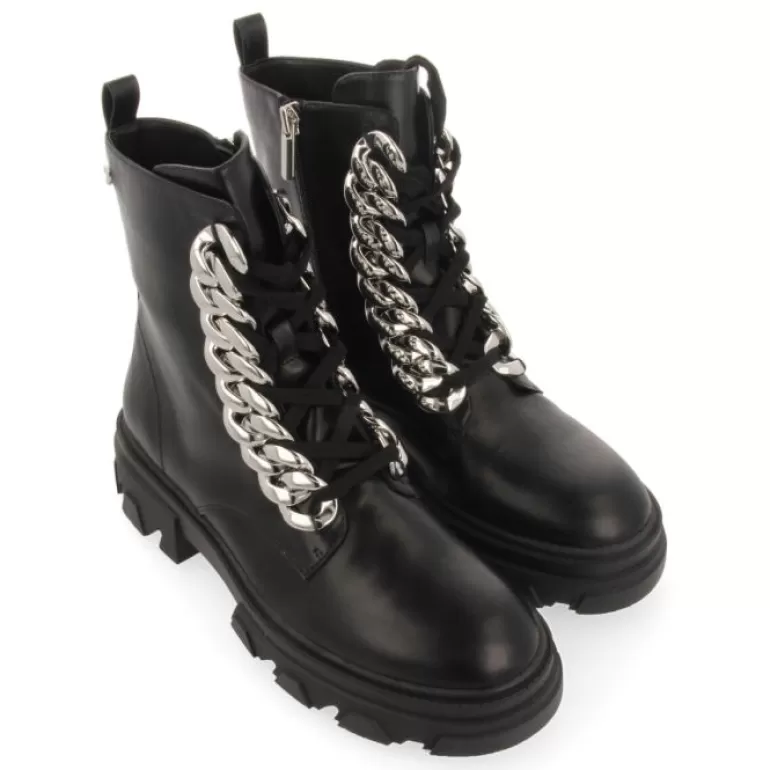 Gioseppo Boots & Ankle Boots*Holzthum Women'S Black Lace-Up Combat Boots With Track Soles And Maxi Chains