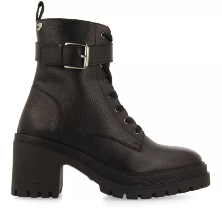 Gioseppo Boots & Ankle Boots*Kelso Black Leather Lace-Up Biker Boots With Track Soles And Heels