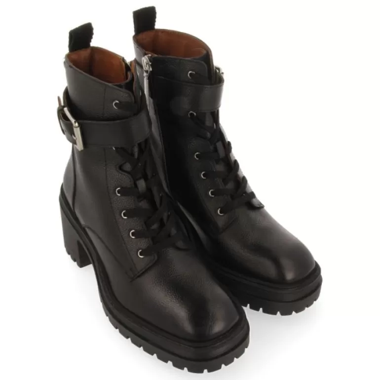 Gioseppo Boots & Ankle Boots*Kelso Black Leather Lace-Up Biker Boots With Track Soles And Heels
