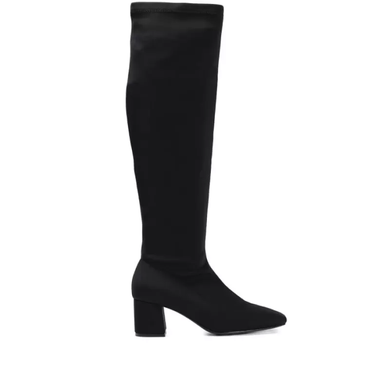Gioseppo Boots & Ankle Boots*Kiberg Women'S Stretchy Black Thigh-High Boots With Mid Heels And Semi-Square Toes