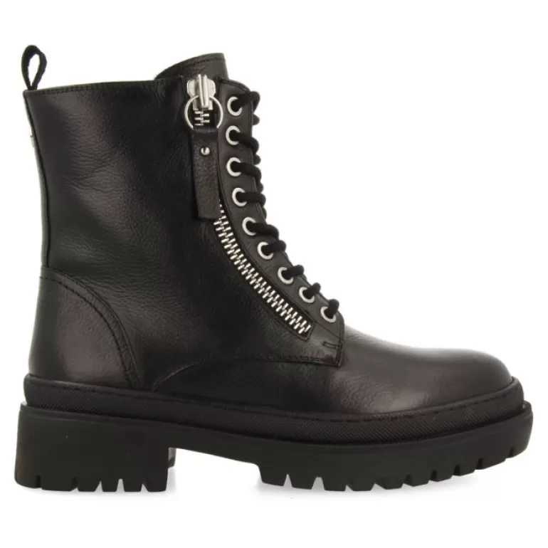 Gioseppo Boots & Ankle Boots*Mallaig Women'S Black Leather Biker Boots With Track Soles And A Decorative Metallic Zip