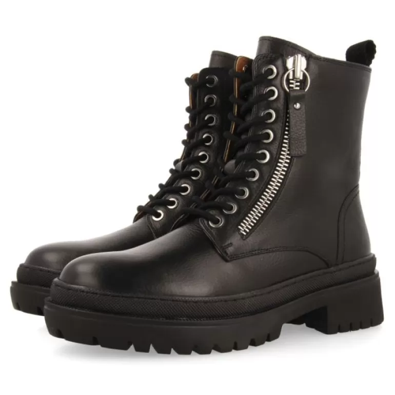 Gioseppo Boots & Ankle Boots*Mallaig Women'S Black Leather Biker Boots With Track Soles And A Decorative Metallic Zip
