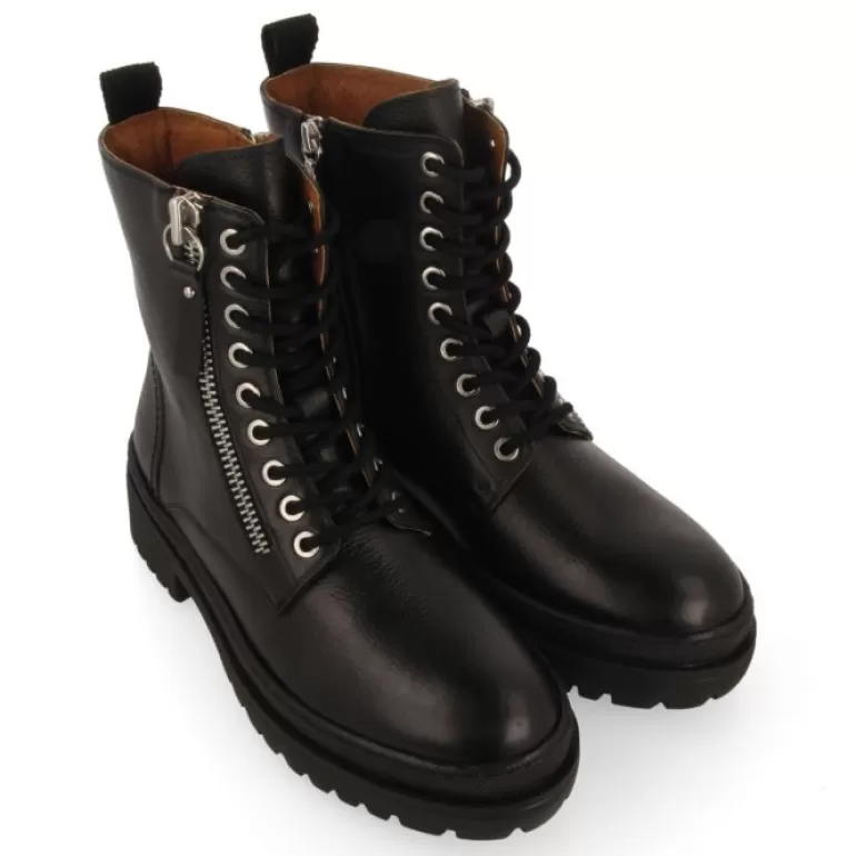 Gioseppo Boots & Ankle Boots*Mallaig Women'S Black Leather Biker Boots With Track Soles And A Decorative Metallic Zip