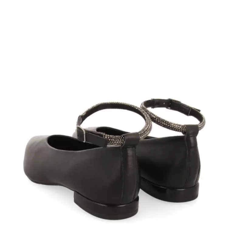 Gioseppo Ballet Pumps*Menno Women'S Black Leather Ballet Flats With A Rhinestone Strap