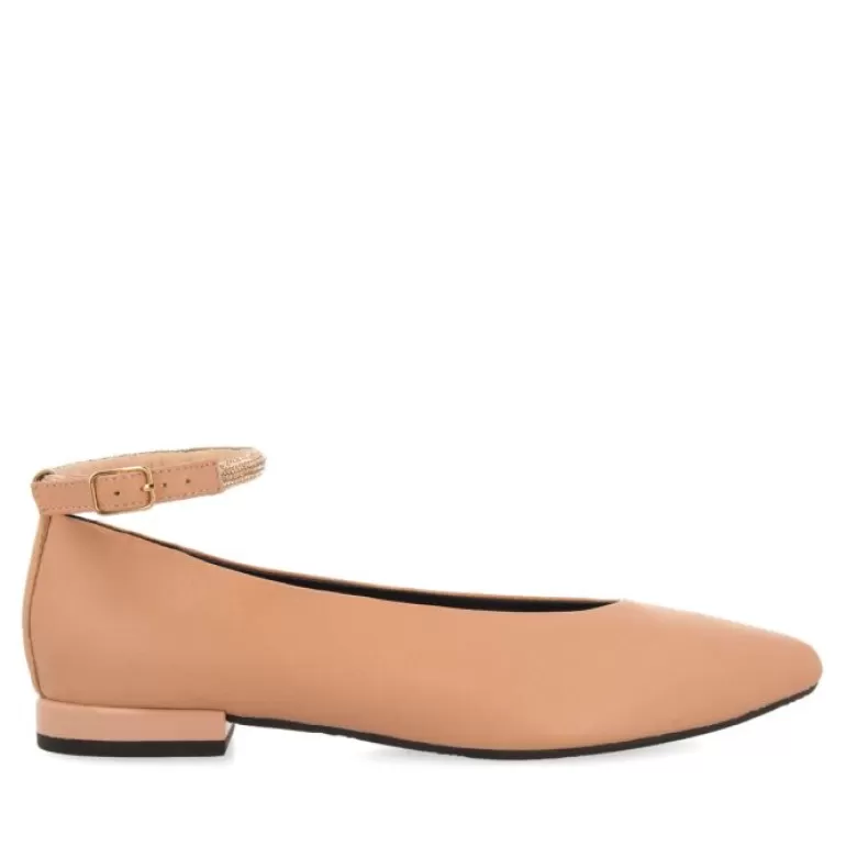 Gioseppo Ballet Pumps*Menno Women'S Nude Leather Ballet Flats With A Rhinestone Strap