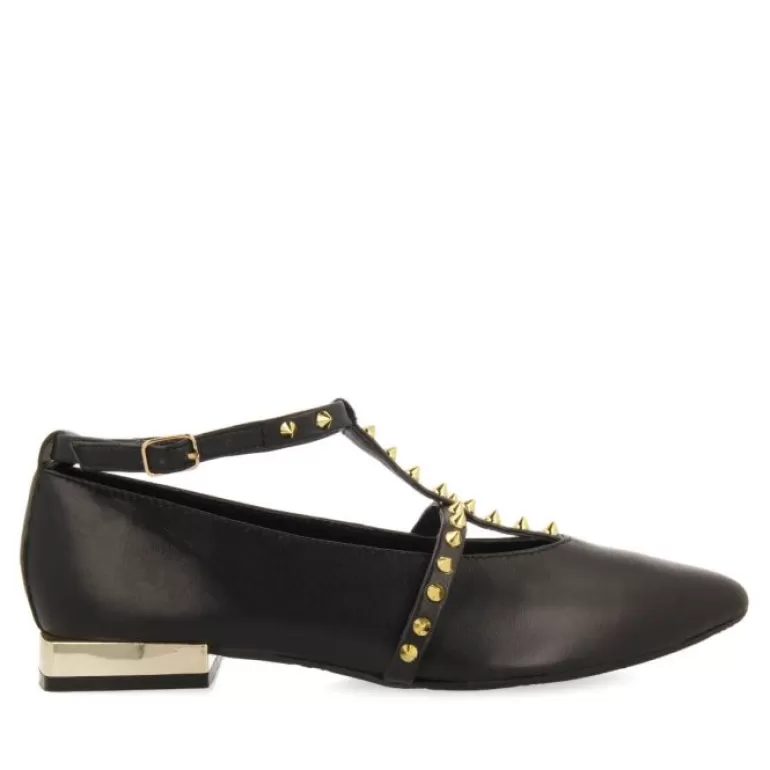 Gioseppo Ballet Pumps*Nyborg Women'S Black Leather Ballet Flats With Straps And Decorative Studs