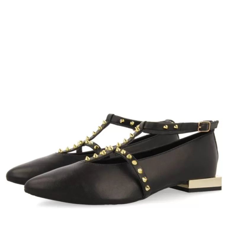 Gioseppo Ballet Pumps*Nyborg Women'S Black Leather Ballet Flats With Straps And Decorative Studs