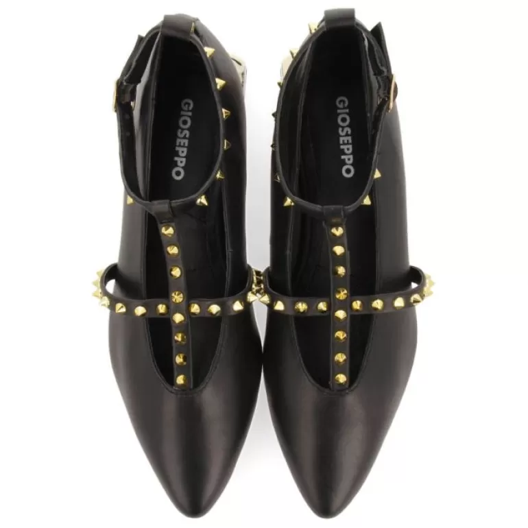 Gioseppo Ballet Pumps*Nyborg Women'S Black Leather Ballet Flats With Straps And Decorative Studs