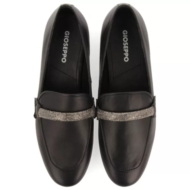 Gioseppo Loafers*Ringsted Women'S Black Leather Moccasins With Rhinestone Strap