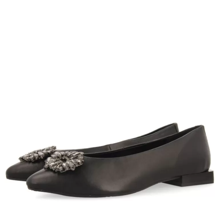 Gioseppo Ballet Pumps*Siebenaler Women'S Black Leather Ballet Flats With Decorative Crystals