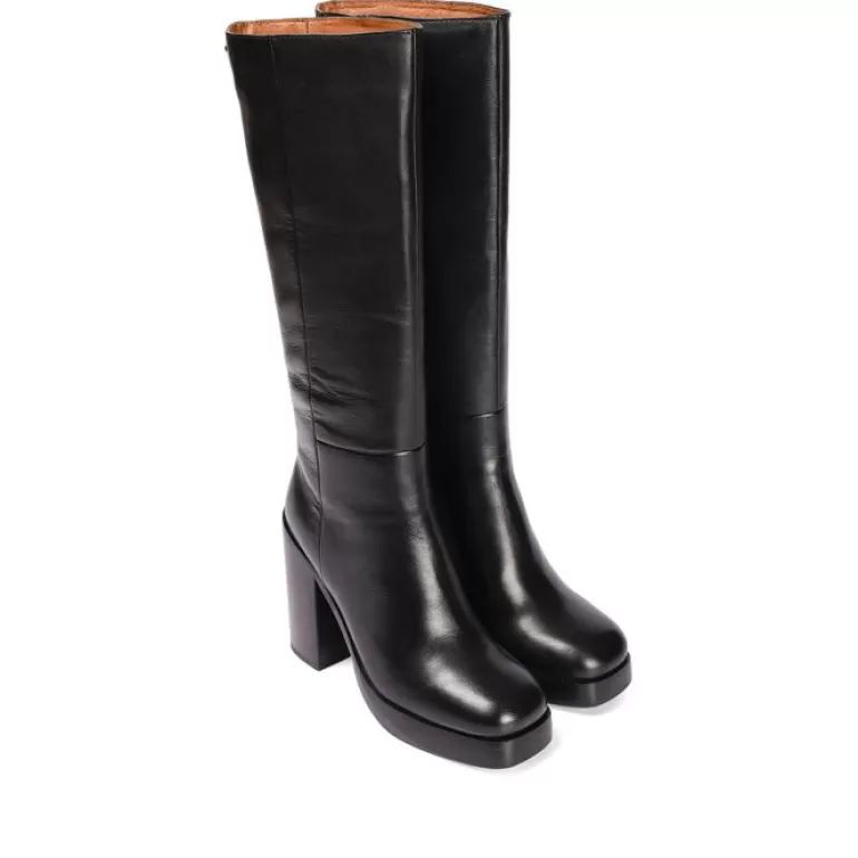Gioseppo Boots & Ankle Boots*Tarnet Women'S Knee-High Coffee-Coloured Leather Boots With Wide Heels And Platforms