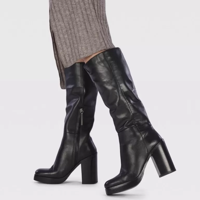 Gioseppo Boots & Ankle Boots*Tarnet Women'S Knee-High Coffee-Coloured Leather Boots With Wide Heels And Platforms